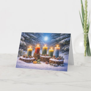 Cartão Solstício de Inverno Yule com Velas na Lua da Neve