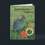 Cartão Some Bunny Birthday Card<br><div class="desc">Photo of an Eastern Cottontail rabbit sitting at attention on the lawn with the words "Some bunny told me" - inside text says "it's your birthday~ Hope it's the best one ever" Card is embellished inside and out with bright retro pop flowers. © Little Wing Photography & Design</div>