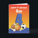 Cartão Son 4º Aniversário do Esporte Balls<br><div class="desc">Se o seu filho é uma daquelas crianças que realmente gostam de jogar jogos que envolvem bolas de esporte,  então esta é a única carta que você deveria dar a ele para sua próxima celebração de 4 anos. Vê-lo a saltar para alegria quando receber esta.</div>
