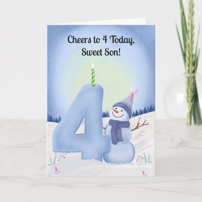Cartão Son 4th Birthday Snowman with Snowy Four (Frente)