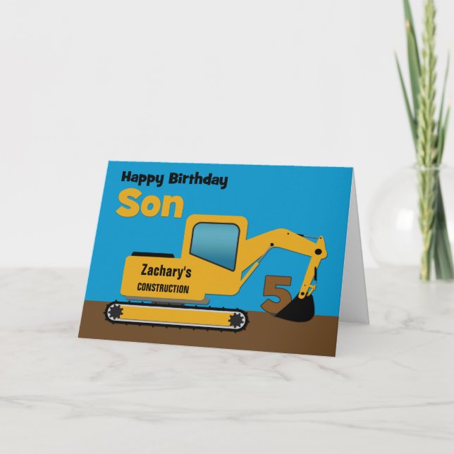 Cartão Son 5 Birthday Yellow Excavator Add Name (Frente)