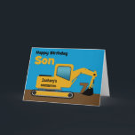 Cartão Son 7th Birthday Yellow Excavator Add Name<br><div class="desc">A fun seventh birthday card for a son who loves construction equipment and earth movers. It has a yellow digger on the front with an area on the cab where you can change the name of the construction company to your son's name. The number 7 is being scooped up in...</div>