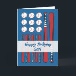 Cartão Son Baseball Flag Birthday Red White Blue<br><div class="desc">Celebre o seu filho adulto ou mais velho com este cartão de aniversário ousado de baseball, que combina o estilo de todas as estrelas com uma sugestão de Americana. Apresentando bastões vermelhos de baseball e bolas brancas de beisebol dispostas sobre fundo azul de madeira, o cartão dá um tom sutil...</div>