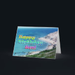 Cartão Son birthday card<br><div class="desc">Cape Cod beach scene with blue/teal water and text reading,  "Happy birthday,  Son!" in rainbow letters.</div>