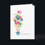 Cartão Son Birthday Cards Balloons Bursting Out Of Box<br><div class="desc">A colorful illustration showing different shape balloons bursting out of a magical gift box. Kinda joy,  happiness and colorful burst! A great birthday greeting card for your son. Sure to bring smile on his face! Wish your son on his birthday with this beautiful greeting card.</div>