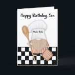 Cartão Son Birthday Whimsical Gnome Baker Baking<br><div class="desc">Certamente! Um cartão de aniversário do Son, brilhante e carinhoso, com um delicioso padeiro gnomo. A frente do cartão mostra um adorável gnomo fazendo um chapéu encantador de padeiro, imerso na alegria de assar. Com uma colher de madeira na mão, o gnomo expele uma expressão lúdica e maliciosa, irradiando um...</div>