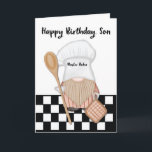 Cartão Son Birthday Whimsical Gnome Baker Baking<br><div class="desc">Certamente! Um cartão de aniversário do Son, brilhante e carinhoso, com um delicioso padeiro gnomo. A frente do cartão mostra um adorável gnomo fazendo um chapéu encantador de padeiro, imerso na alegria de assar. Com uma colher de madeira na mão, o gnomo expele uma expressão lúdica e maliciosa, irradiando um...</div>