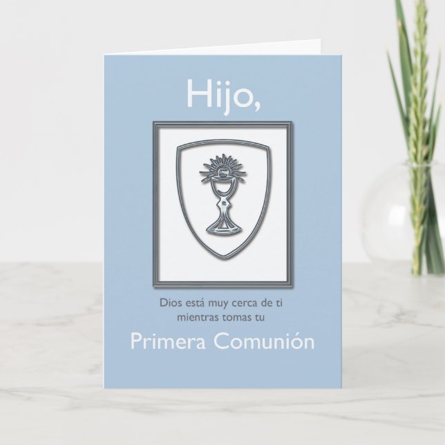 Cartão Son First Communion, Spanish, Blue and Silver (Frente)
