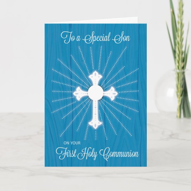Cartão Son First Community Cross and Rays on Blue Wood (Frente)