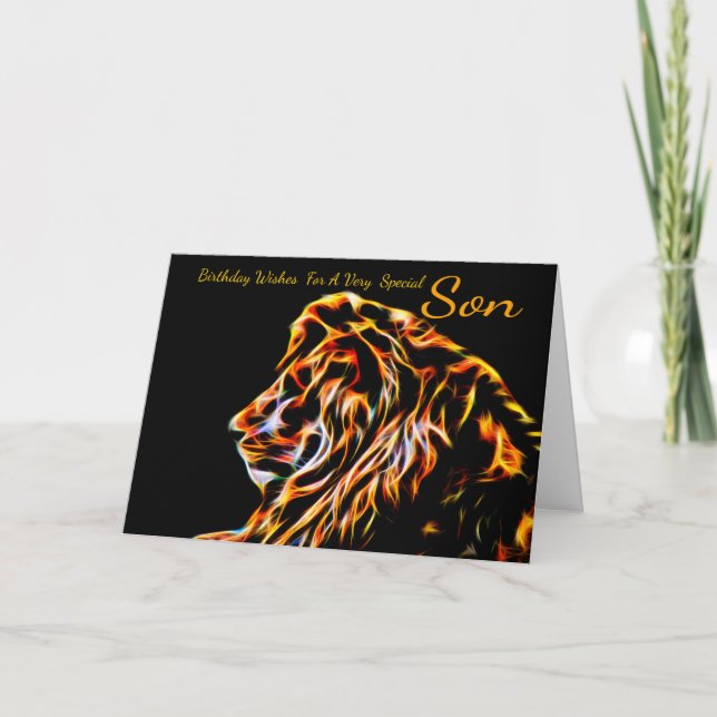 Cartão Son Fractal Birthday Lion, Neon Line Art Fractal (Frente)