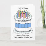 Cartão Son-in-law Happy aniversário de 30 anos<br><div class="desc">Um bolo de desenho animado com arco azul e coberto por velas de várias cores. As palavras "30 Today Happy Birthday to Special son-in-law" acompanham a imagem.</div>
