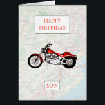 Cartão Son Map e Motorbike Birthday<br><div class="desc">Feliz aniversário para um entusiasta da moto. Uma bicicleta vermelha com um roteiro ao fundo. Um cartão de excelente para um filho que ama bicicleta e andar. - Mapa base e dados da OpenStreetMap e da OpenStreetMap Foundation © OpenStreetMap</div>