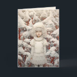 Cartão Sonho de Natal Branco<br><div class="desc">Ilustração muito romântica de uma garotinha de vestido branco e chapéu entre plantas brancas e árvores.</div>
