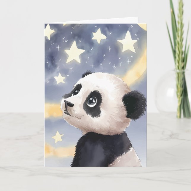 Cartão Sonhos de Starry: Um Panda Curioso Explora a Noite (Frente)
