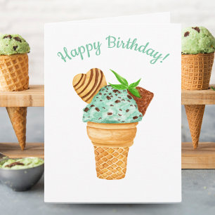 Cartão Sorvete de Chocolate com Aquarela de Hortelã Feliz