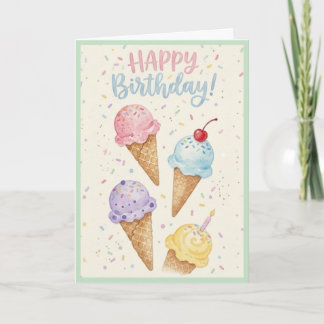 Cartão Sorvete de Rosa Pastel em Aquarela Cone de Anivers