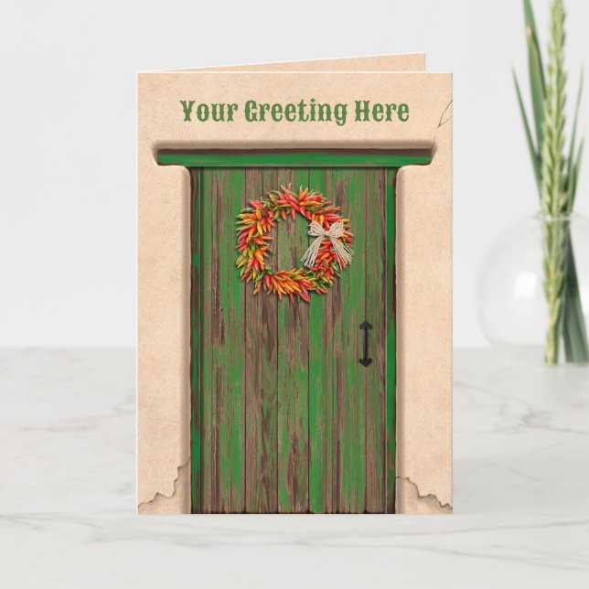 Cartão Southwest Chile Ristra Wreath on Rustic Green Door (Frente)