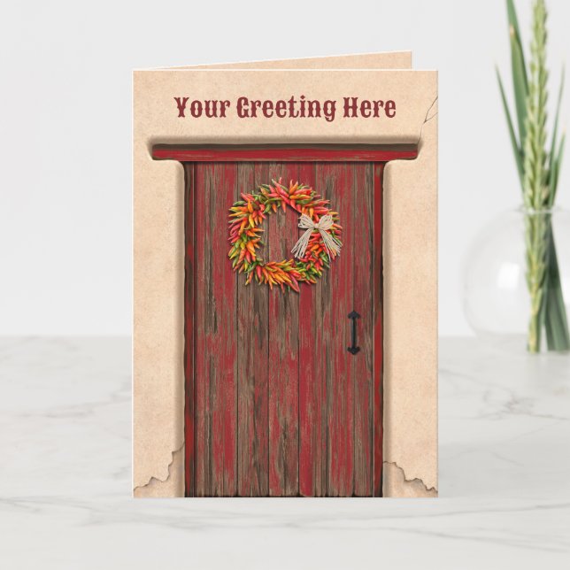 Cartão Southwest Chile Ristra Wreath on Rustic Red Door (Frente)