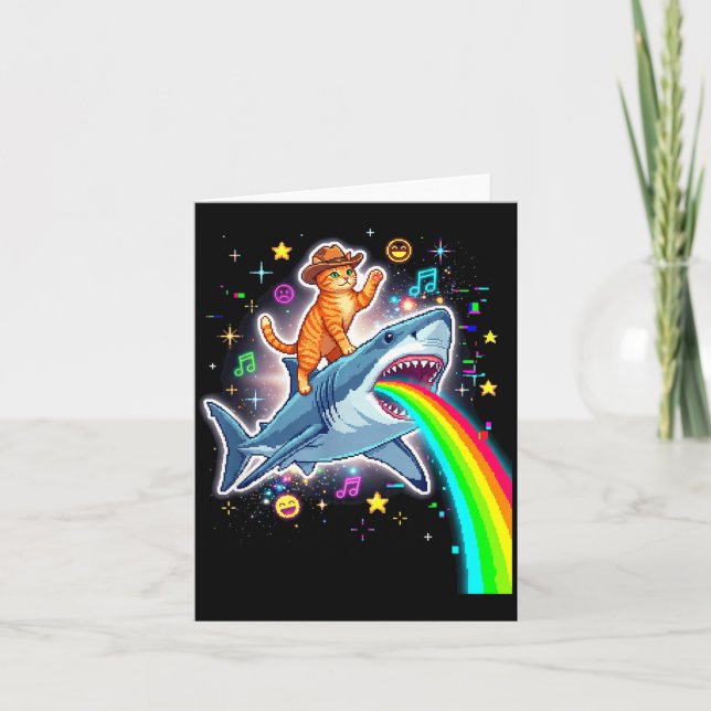 Cartão Space Cowboy Cat Riding Shark Rainbow Xel Art  (Frente)