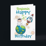 Cartão Space Happy 5th Birthday<br><div class="desc">A fun Space design card for a 5th birthday featuring an astronaut sitting on the world with a space rocket near by and a background of planets and shooting stars. A fun a design for those little boys who will be five years old. Can be personalized by amending the name...</div>