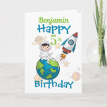 Cartão Space Happy 5th Birthday<br><div class="desc">A fun Space design card for a 5th birthday featuring an astronaut sitting on the world with a space rocket near by and a background of planets and shooting stars. A fun a design for those little boys who will be five years old. Can be personalized by amending the name...</div>