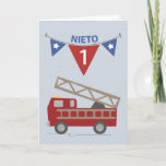 Cartão Spanish 1st Birthday Grandson, Firetruck<br><div class="desc">Spanish language card to celebrate your Grandson’s FIRST birthday! Birthday Wishes are rushing through with this cute red fire truck.</div>