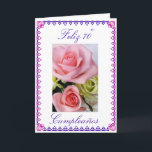 Cartão Spanish: 70 anos / birthday roses<br><div class="desc">Tarjeta postal para cumpleanos,  con foto de rosas: Flores para celebrar 70 anos   Picture of pink and blue flowers on white background. "Happy 70th Birthday!  Personalize your message!   Photography by Maria Santos (Lusinhas do Sul)</div>