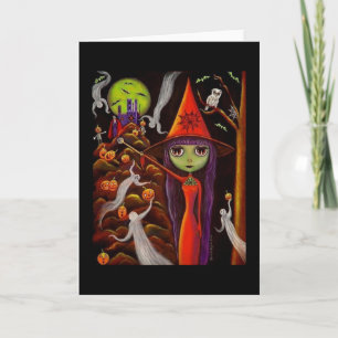 Cartão Spider Web Witch Ghosts Pumpkins Owl Halloween Art
