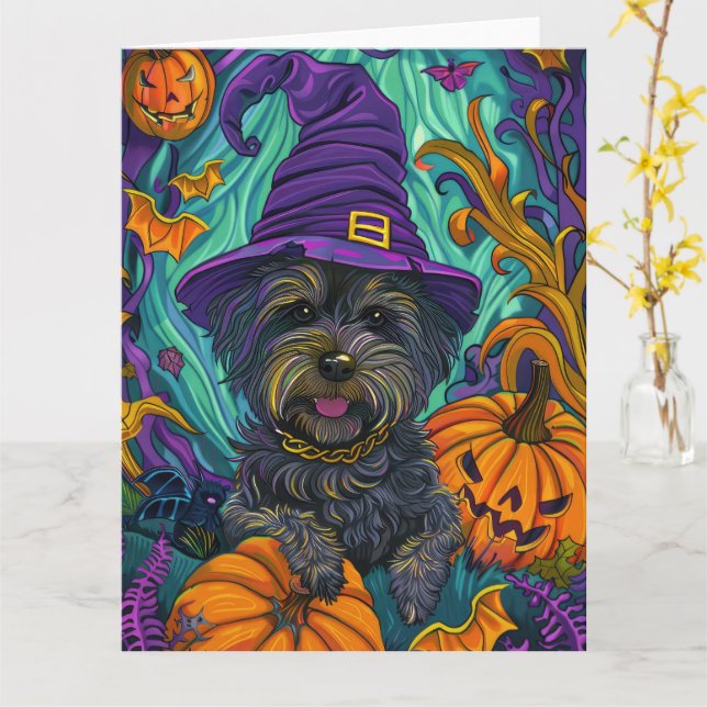 Cartão Spookan Tibetan Terrier Dog Halloween Witch Pumpki (Flor Amarela)