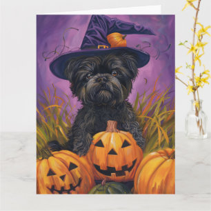 Cartão Spooky Affenpinscher Halloween Witch e Pumpkin