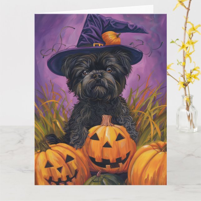 Cartão Spooky Affenpinscher Halloween Witch e Pumpkin (Flor Amarela)