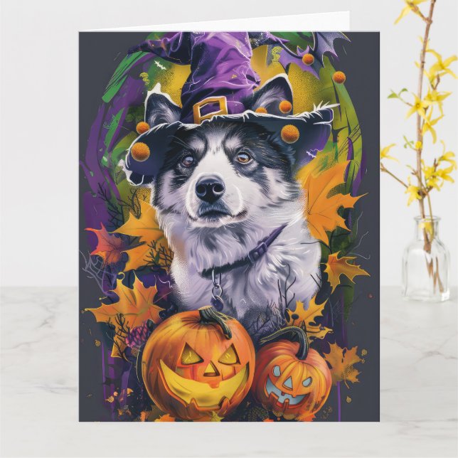 Cartão Spooky Akita Halloween Witch e Pumpkin (Flor Amarela)