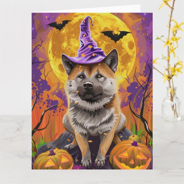 Cartão Spooky Akita Halloween Witch e Pumpkin (Flor Amarela)