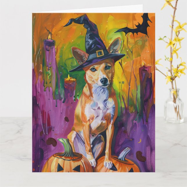 Cartão Spooky Basenji Halloween Witch E Pumpkin (Flor Amarela)