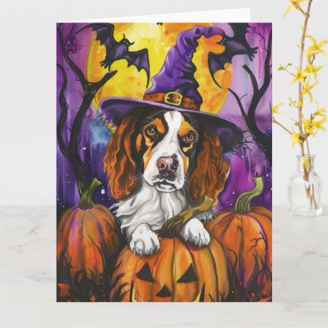 Cartão Spooky Brittany Spaniel Halloween Witch Pumpkin (Flor Amarela)