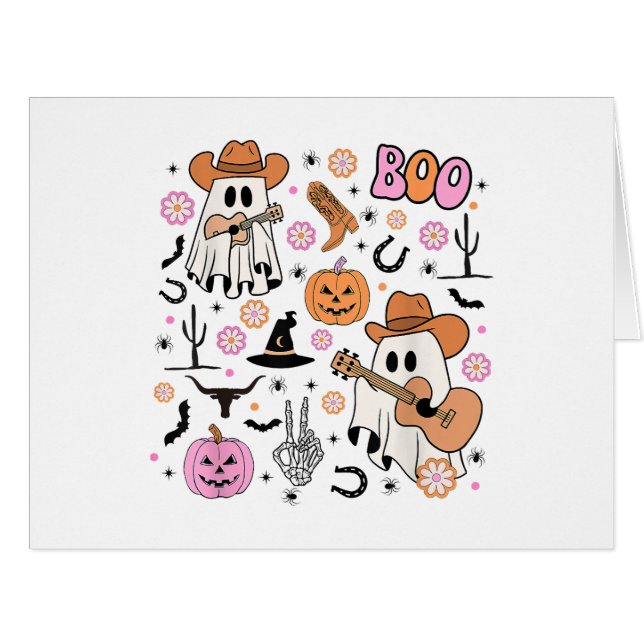 Cartão Spooky Ghost Cowboy Cute Halloween Boo Western Ret (Frente horizontal)