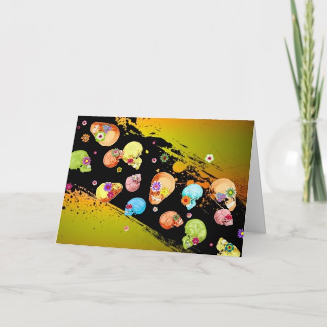Cartão Spooky Halloween card, Skulls, Flowers - Funny (Frente)