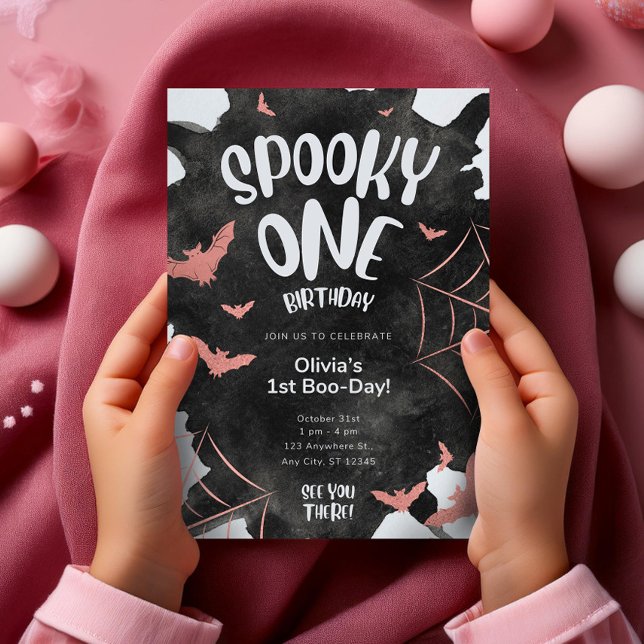 Cartão "Spooky One Invitation Halloween Birthday Pink Bat (Spooky One Invitation Halloween Birthday Template,EDITABLE Black Pink Cute Bats First Birthday Invit)