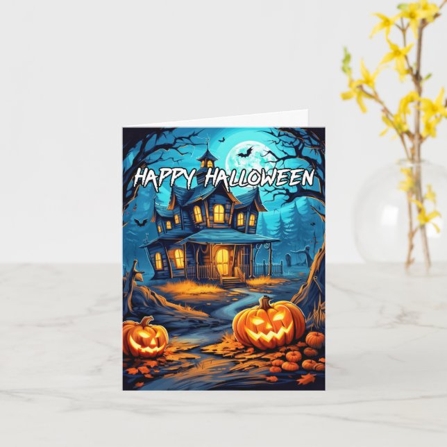 Cartão Spooky Pumpkins Hunted House Feliz Halloween (Flor Amarela)