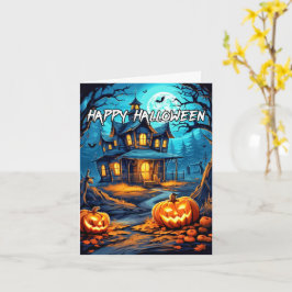 Cartão Spooky Pumpkins Hunted House Feliz Halloween