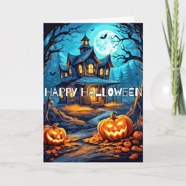Cartão Spooky Pumpkins Hunted House Feliz Halloween (Frente)