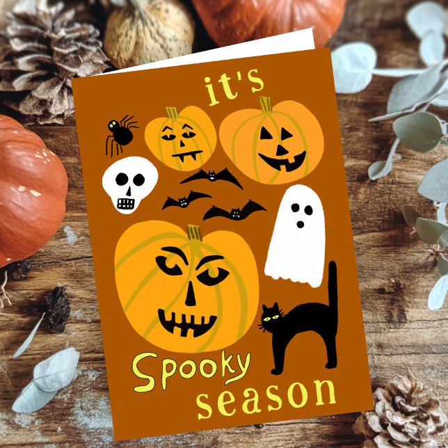 Cartão Spooky Season Pumpkins Ghost Bat HELLOWEEN (Spooky Season Pumpkins Ghost Bat HAPPY HALLOWEEN Autumn October Fall Cute Greeting Card
)