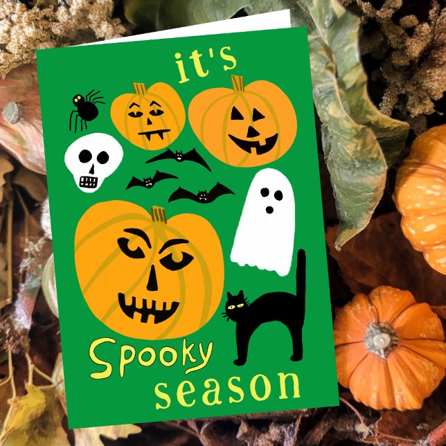 Cartão Spooky Season Pumpkins Ghost Bat HELLOWEEN (Spooky Season Pumpkins Ghost Bat HAPPY HALLOWEEN Autumn October Fall Cute Hand-drawn Card
)