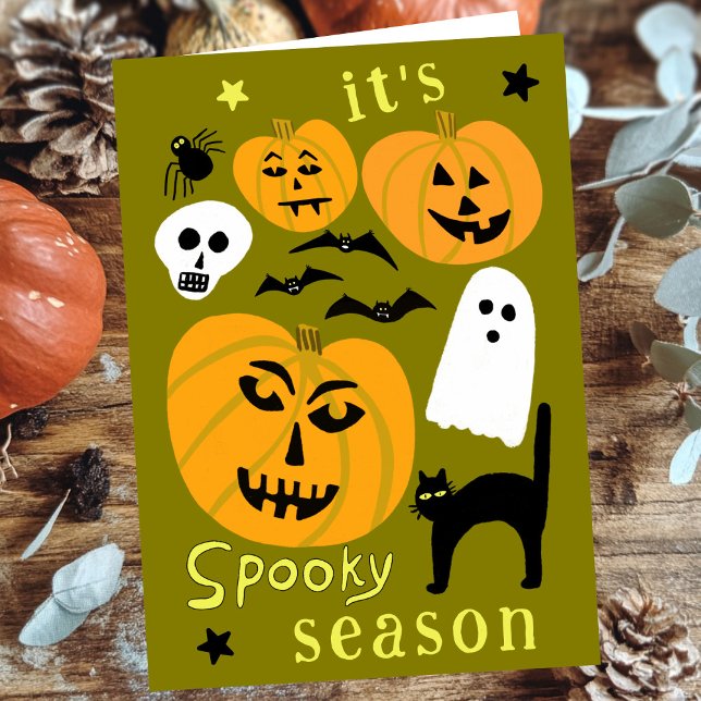 Cartão Spooky Season Pumpkins Ghost Bat HELLOWEEN (Spooky Season Pumpkins Ghost Bat HAPPY HALLOWEEN Cute Hand-drawn Autumn October Card
)