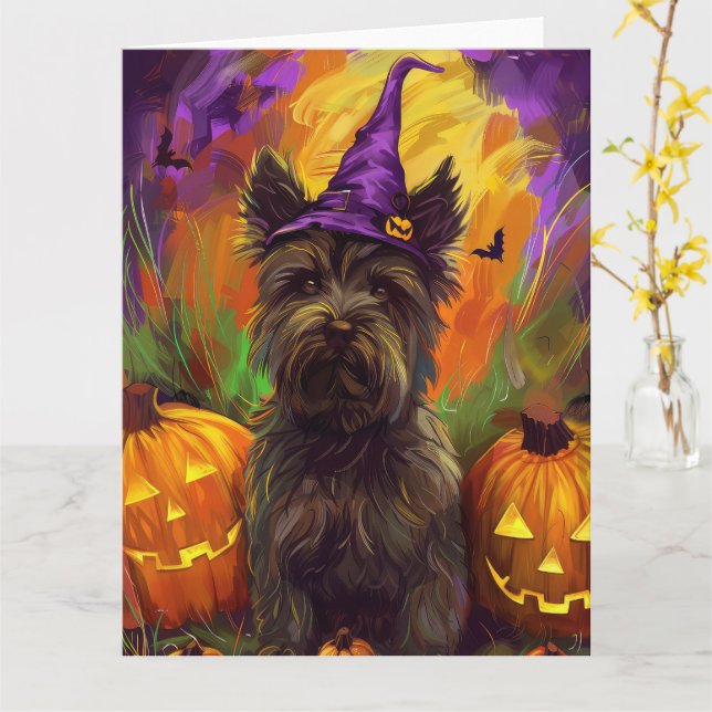 Cartão Spooky Skye Terrier Cachorro Bruxa de Halloween (Flor Amarela)