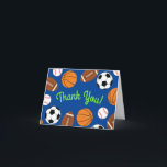 Cartão Sports Birthday Party Kids Cute<br><div class="desc">This cute design with soccer balls,  footballs,  basketballs and baseballs is great for a sports theme kids birthday party!  Perfect for a child born in the summer or spring!  Great for boys and girls that love sports!</div>