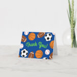 Cartão Sports Birthday Party Kids Cute<br><div class="desc">This cute design with soccer balls,  footballs,  basketballs and baseballs is great for a sports theme kids birthday party!  Perfect for a child born in the summer or spring!  Great for boys and girls that love sports!</div>