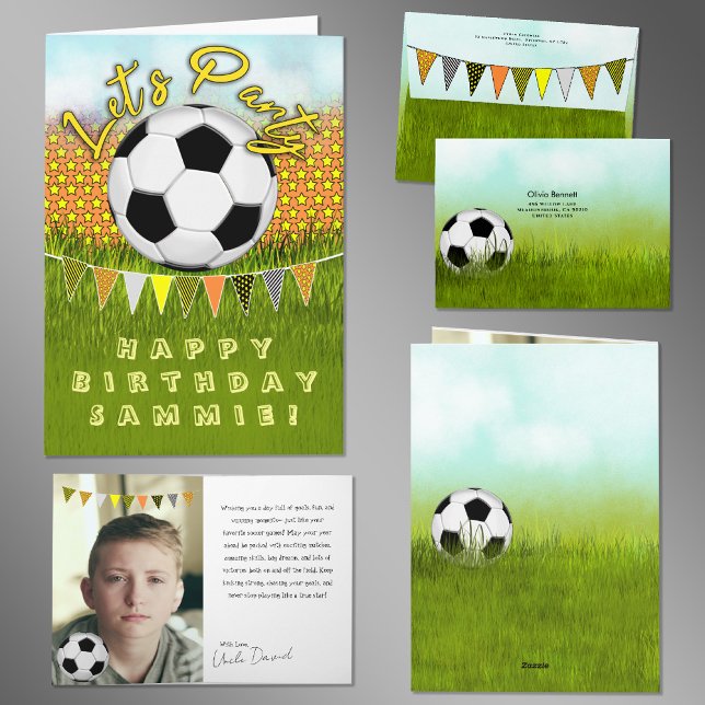 Cartão Sporty Boys Soccer Birthday Card With Photo Space  (Criador carregado)