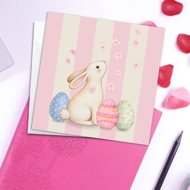 Cartão Spring Bunny and Eggs Stripes Square Easter Card (Criador carregado)