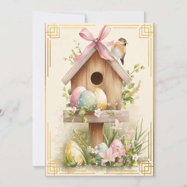Cartão Spring Nest – Easter Birdhouse Delight (Frente)